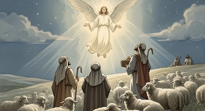 Celestial watercolor painting of humble shepherds gazing at a radiant divine messenger appearing in the starry night sky while watching their woolly flock of sheep in a pastoral landscape.