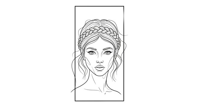 Artistic monochrome illustration of a woman's face adorned with a beautiful braided hair circlet