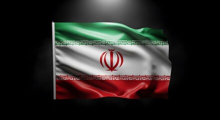Naklejka premium Dynamic depiction of the national flag of Iran, majestically waving and illuminated against a dramatic dark background, symbolizing sovereignty and cultural identity