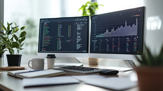 A modern workspace with two computer monitors and office supplies on a clean desk