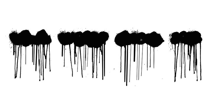 Graffiti spray template icon set. Dirty paint clound splashes and drip lines grunge. Stencil graffiti spray isolated on transparent background. Black graffiti clound with splashes, smudges and drops. 