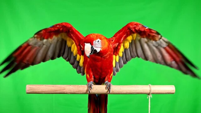 A vibrant red parrot spreads its colorful wings on a wooden perch.