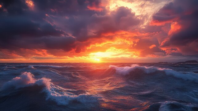 A vibrant sunset over a turbulent ocean with waves crashing on the shore under a dramatic cloudy sky