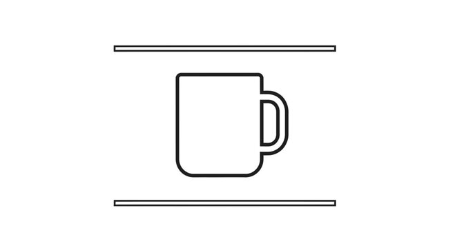 Minimalist black and white outline illustration of a standard coffee mug or tea cup icon symbol