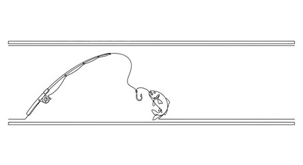 Fototapeta premium Elegant single line artwork illustrating a fishing rod bending with a hooked fish, representing
