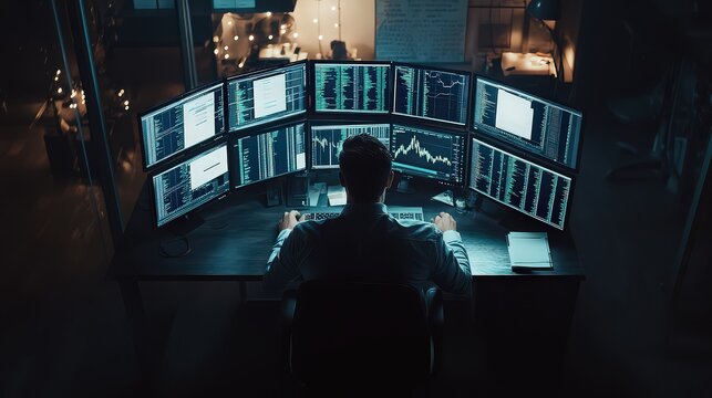 A man sits in front of a large array of computer screens in a dark room