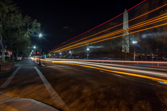 Washington Monument at Night with Light Trails and Long Exposure Traffic in Washington DC