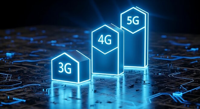 Glowing blue hexagonal pillars labeled 3G, 4G, and 5G on a circuit board, symbolizing the evolution and progress of mobile network technology.