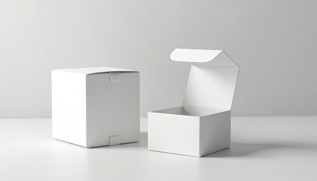 Two plain white paper boxes sit on a neutral surface. One box is closed, the other is open with its lid tilted back. Minimalist packaging for gifts or products. Clean, modern design.