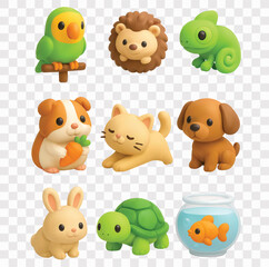 Adorable Pet Animal Vector Icon Set   3D icon set   parrot, hedgehog, green iguana, guinea pig, cat, puppy dog,  rabbit, green turtle, goldfish in a bowl © Dian
