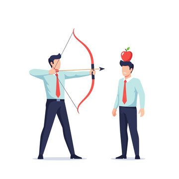 Businessman aiming bow and arrow at apple on man's head, risk, target, challenge concept
