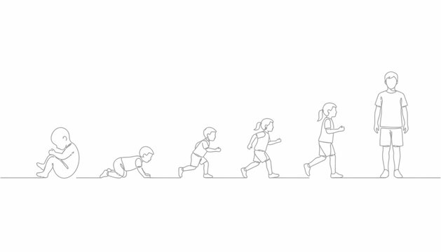 Continuous line art illustration depicting human life cycle growth stages from infancy to