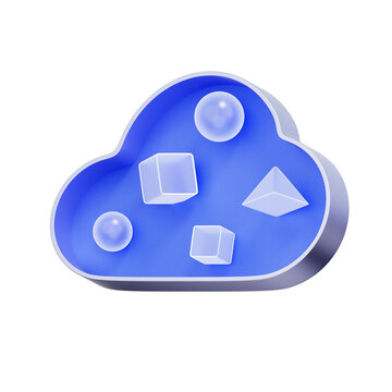 3D illustration of cloud shape with geometric objects for object storage, unstructured data, digital assets, multimedia hosting, s3 buckets, and data lakes.