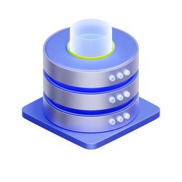 3D illustration of database cylinder with glass top for database systems, relational databases, server storage, backend architecture, data warehousing, and cloud computing.