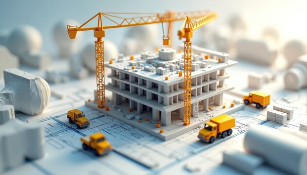 Miniature construction site model with cranes and trucks on blueprints. Detailed abstract building project with geometric shapes and unfinished structure, urban development concept.