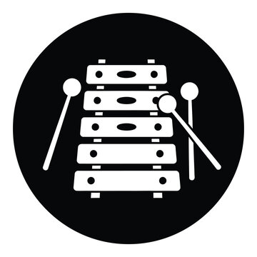 White xylophone icon with mallets on black circular background icon