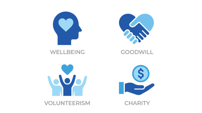 Vector graphic illustration Of wellbeing goodwill volunteerism and charity concepts with blue icons