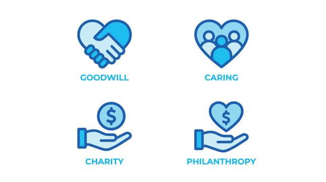 Vector graphic illustration Of charity philanthropy goodwill and caring icons in blue