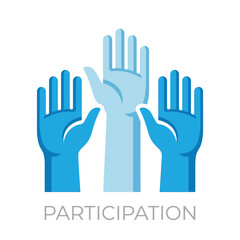Fototapeta premium Vector graphic illustration Three blue hands raised in participation and unity gesture on white background