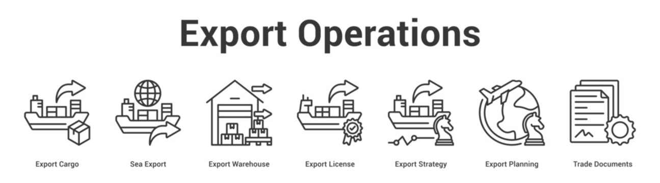 Export Operations web banner icon set vector illustration concept for business with icon of Export Cargo, Sea Export, Export Warehouse, Export License, Export Strategy, Export Planni.