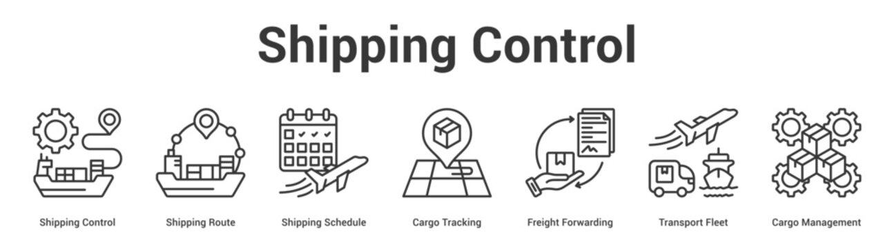 Shipping Control web banner icon set vector illustration concept for business with icon of Shipping Control, Shipping Route, Shipping Schedule, Cargo Tracking, Freight Forwarding, Transport Fle.