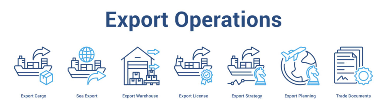 Export Operations web banner icon set vector illustration concept for business with icon of Export Cargo, Sea Export, Export Warehouse, Export License, Export Strategy, Export Planni.