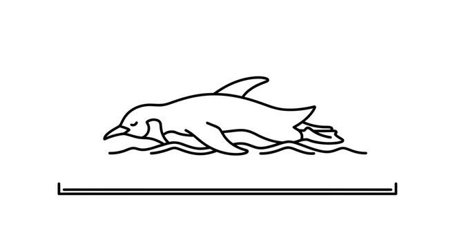 Clean outline illustration of a stylized penguin gracefully swimming through rippling water,