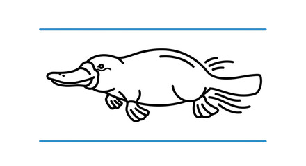 Obraz premium Charming simple black outline platypus swimming with a friendly smile between blue lines minimal