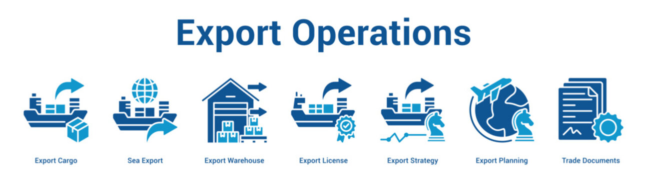 Export Operations web banner icon set vector illustration concept for business with icon of Export Cargo, Sea Export, Export Warehouse, Export License, Export Strategy, Export Planni.