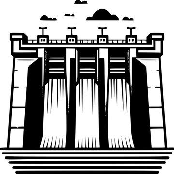 Black silhouette vector illustration of a city dam building design featuring a business icon and art symbol shape