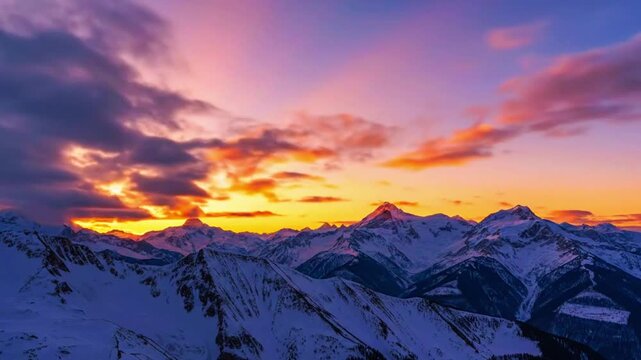 a mountain range at sunset with golden clouds drifting slowly, static camera