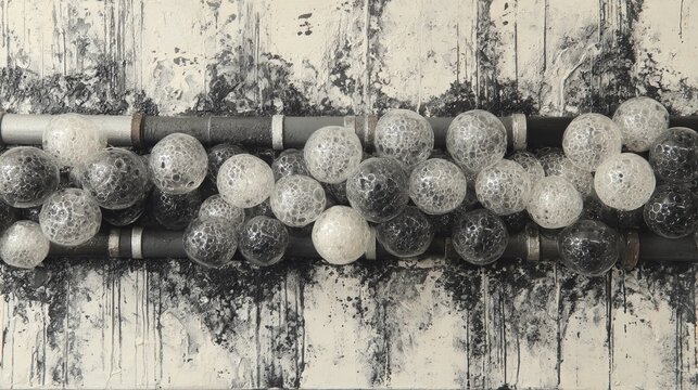 Abstract metal pipe filled with numerous small glass balls arranged in rows connected by silver pipes, creating striking gray contrast and bubble wrap texture focusing on a human face