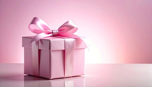 A beautifully wrapped pink gift box sits elegantly on a reflective surface, illuminated by soft lighting.