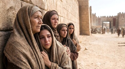 Fototapeta premium Grieving Women in Ancient Robes Weeping by a Stone Wall in a Historical City