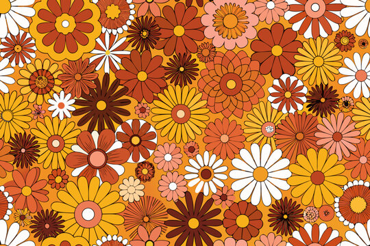A vibrant repeating pattern of colorful retro style flowers
