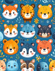 Fototapeta premium A vibrant and playful pattern showcases adorable cartoon animal faces, including foxes, tigers, bears, and wolves, set against a teal background adorned with whimsical floral and leaf elements.