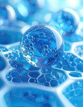 A mesmerizing abstract composition showcases a luminous blue sphere resting upon a complex, interconnected network of hexagonal structures, evoking a sense of scientific innovation and fluid dynamics.