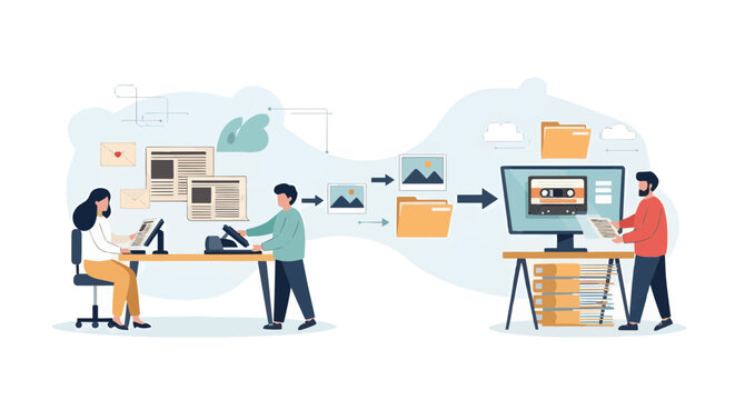 Digital data transfer and storage process with cloud technology illustrated