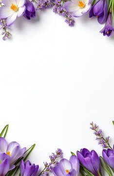 Purple and white crocuses with delicate purple flowers create a spring border on a white surface. This arrangement is perfect for invitations, cards, and seasonal greetings.