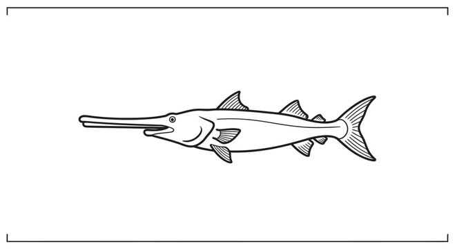 Stylized monochrome illustration of a slender aquatic creature with an elongated snout