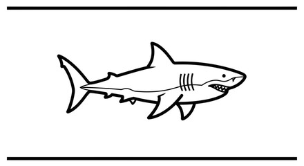 Fototapeta premium Stylized black and white outline drawing of a powerful marine shark creature swimming in the vast