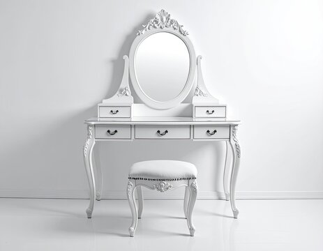 An elegant white vanity table with a round mirror and matching stool sits gracefully against a plain white wall, showcasing a classic and refined interior design.