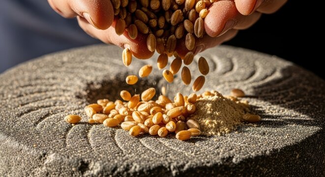 Agricultural Harvest Wheat Grains Falling Directly Into An Old Millstone