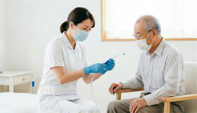 マスクを着用し高齢の男性患者に吸引器の説明をする看護師