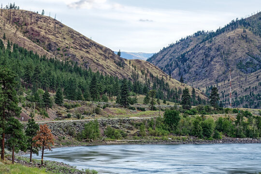 The Thompson River flows next to the Trans-Canada highway at Goldpan Provincial Park in British Columbia, Canada