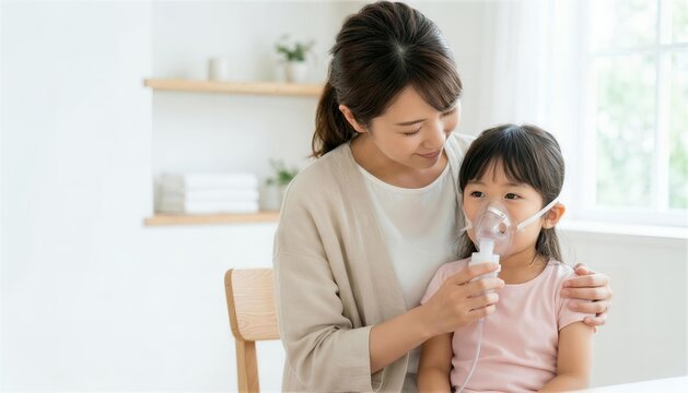 自宅の部屋でネブライザーを使って吸入治療をする女の子と母親