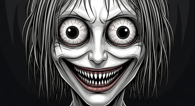 A creepy supernatural female character with wide staring eyes and a terrifying sharp tooth smile stares intensely at the viewer in this dark atmospheric representation of a nightmarish entity