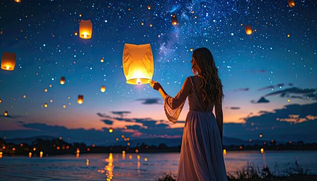 A solitary figure releases a glowing lantern into a starlit night sky over a tranquil body of water, creating a magical and serene atmosphere.