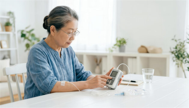 自宅のテーブルで小型の輸液ポンプを自分で操作するシニア女性