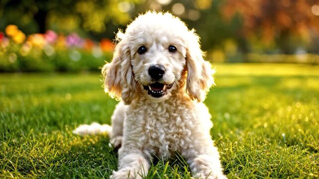A fluffy, light-colored canine companion rests peacefully on a sun-drenched grassy lawn